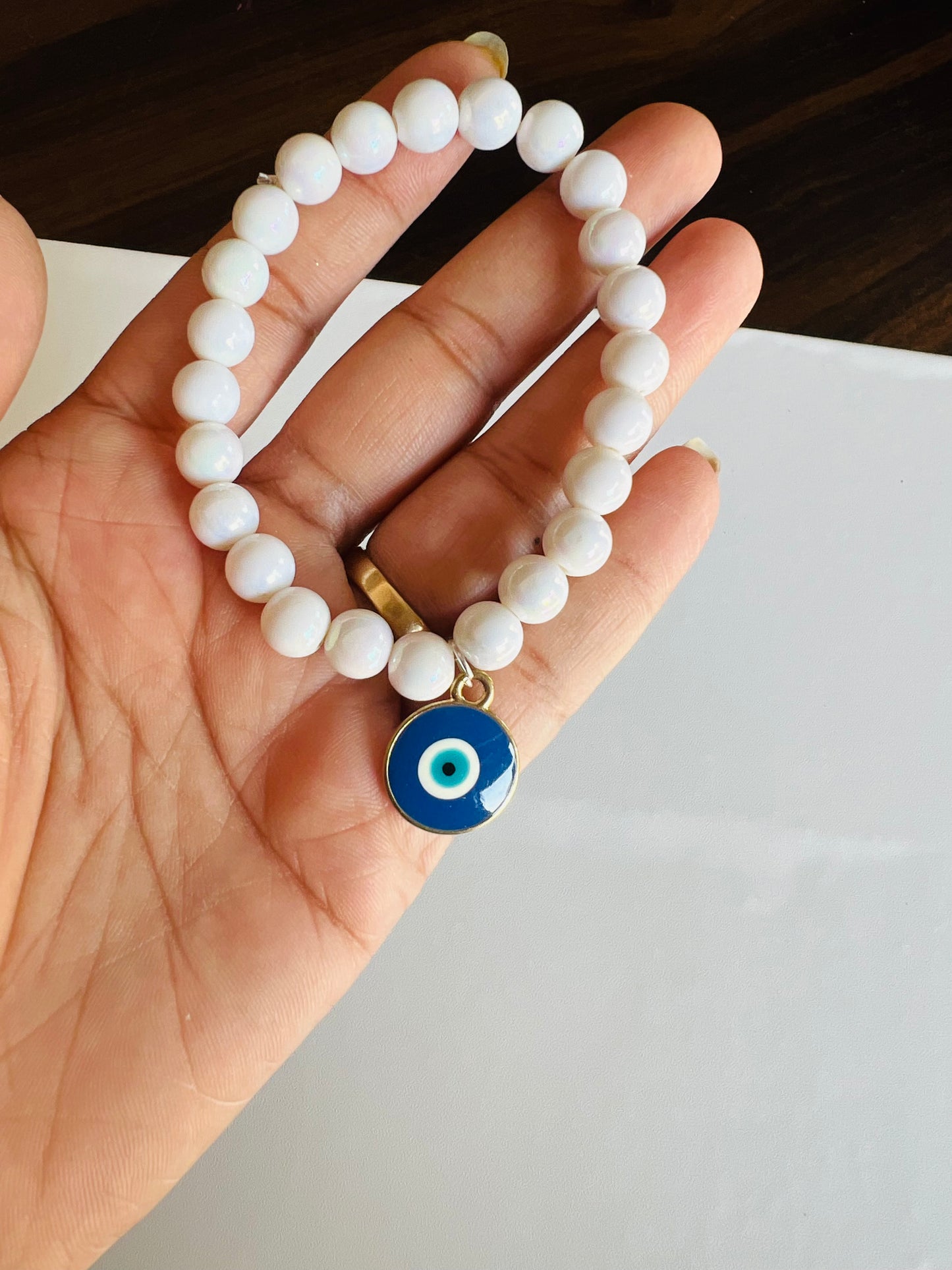 HOK Evil Eye Charm (smiley at back) Rainbow Shine Pearl Bracelet