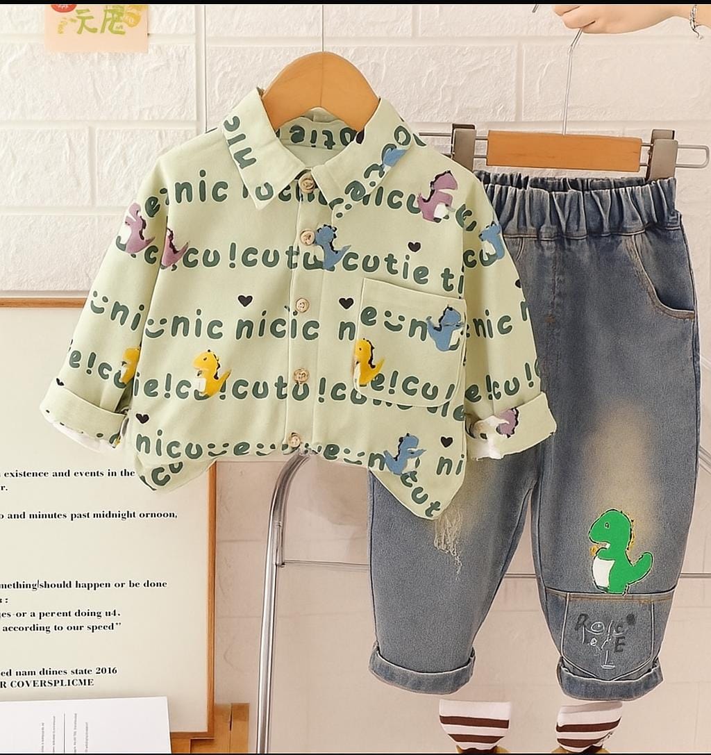 HOK Kids Dino Print Shirt & Denim Jeans Set- Green