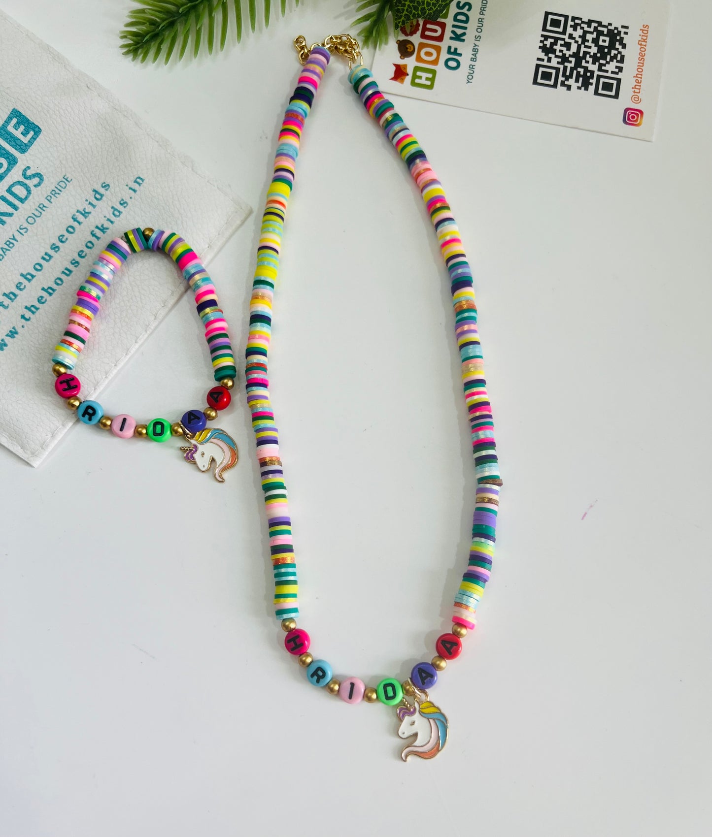HOK Personalised Name Necklace and Bracelet Combo with Unicorn Charm