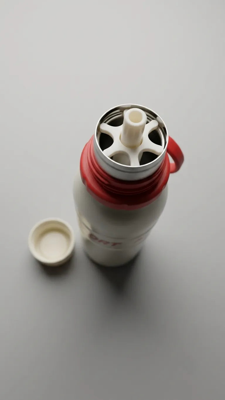 A white insulated bottle with a red collar and a white lid placed beside it on a light gray background.