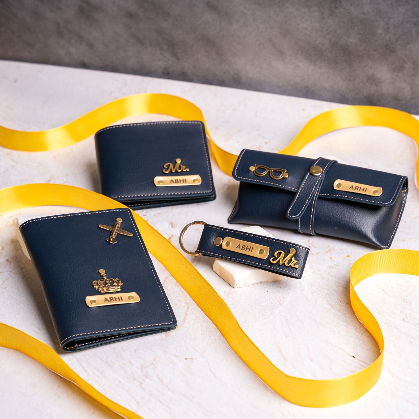 Personalised Combo - Men Wallet, Passport Cover, Eye Wear Case, Keychain - Fatherās Day Gift
