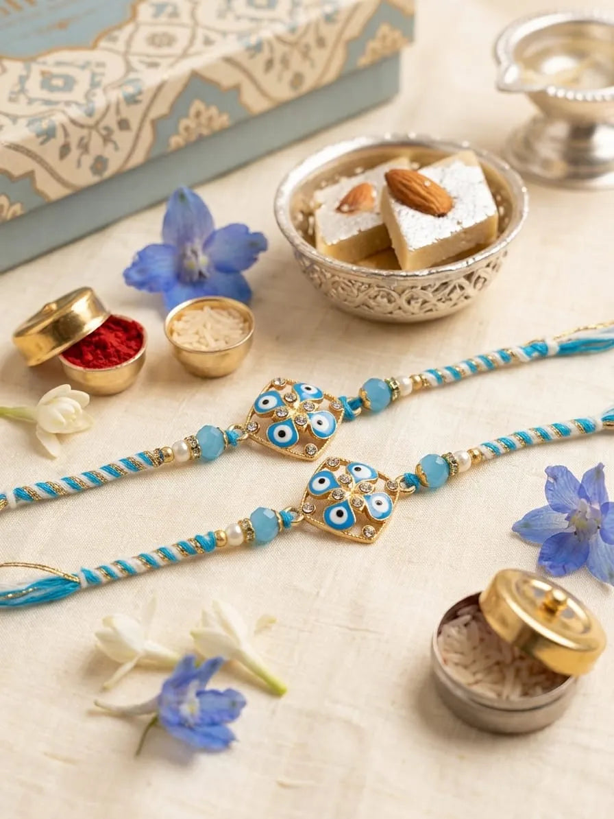 Two blue and gold Rakhi wristlets with evil eye bead details, arranged on a beige fabric surface with festive decorations including sweets, flowers, and traditional containers.