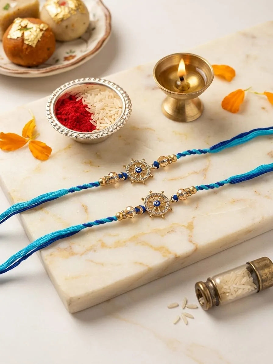Two blue and gold braided Rakhi strands with central star-shaped evil eye beads, arranged on a white marble slab with festive props including a lit diya, red and white rice, and sweets.