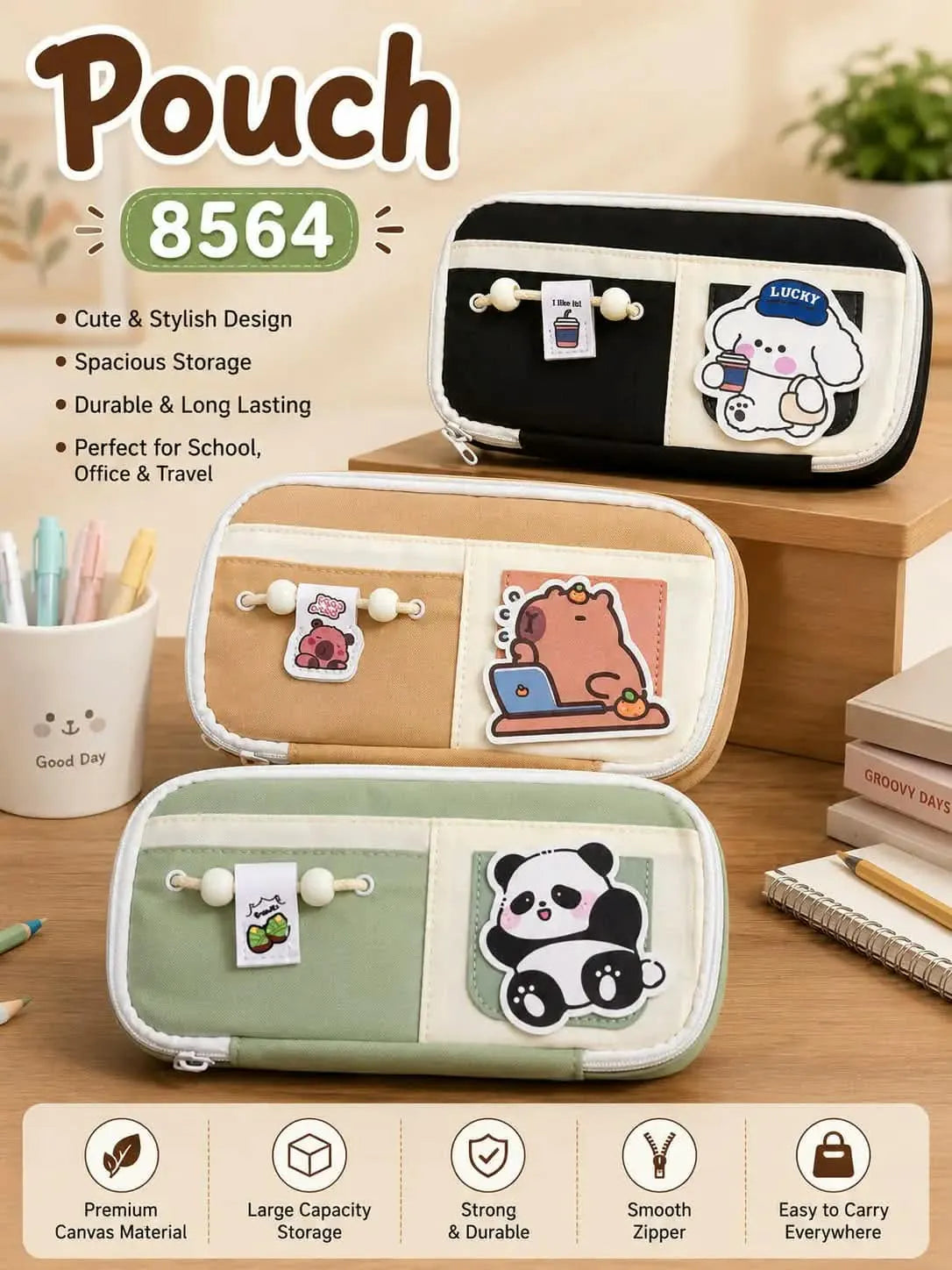 Cute Canvas Pencil Pouch with Large Capacity & Smooth Zipper for School, Office & Travel- 1 PC