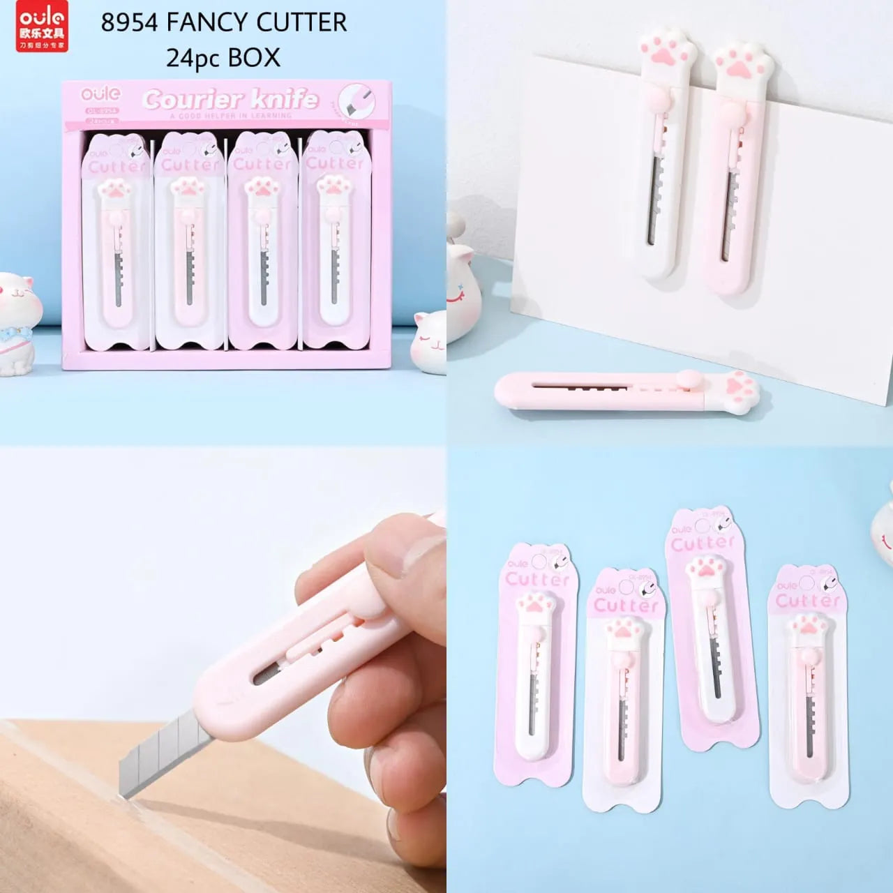 Pink and white cute-themed utility knives with cat-ear handles and paw-print details, shown in retail packaging, loose, and being held in a hand on a light blue background.