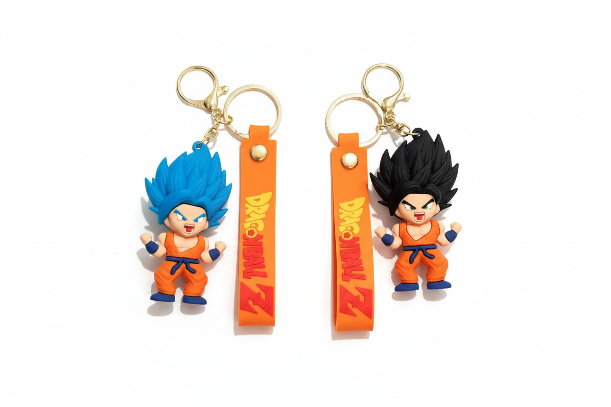 Two keychains featuring characters from a popular animated series on an orange strap with 'Dragon Ball Z' branding.