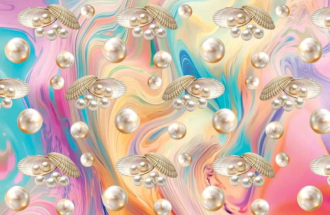 Colorful abstract background with pearls and gold seashells