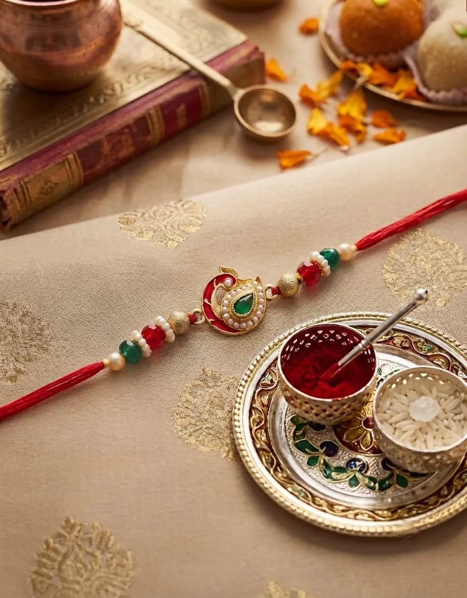 Designer Peacock Rakhi with Pearl & Stone Work