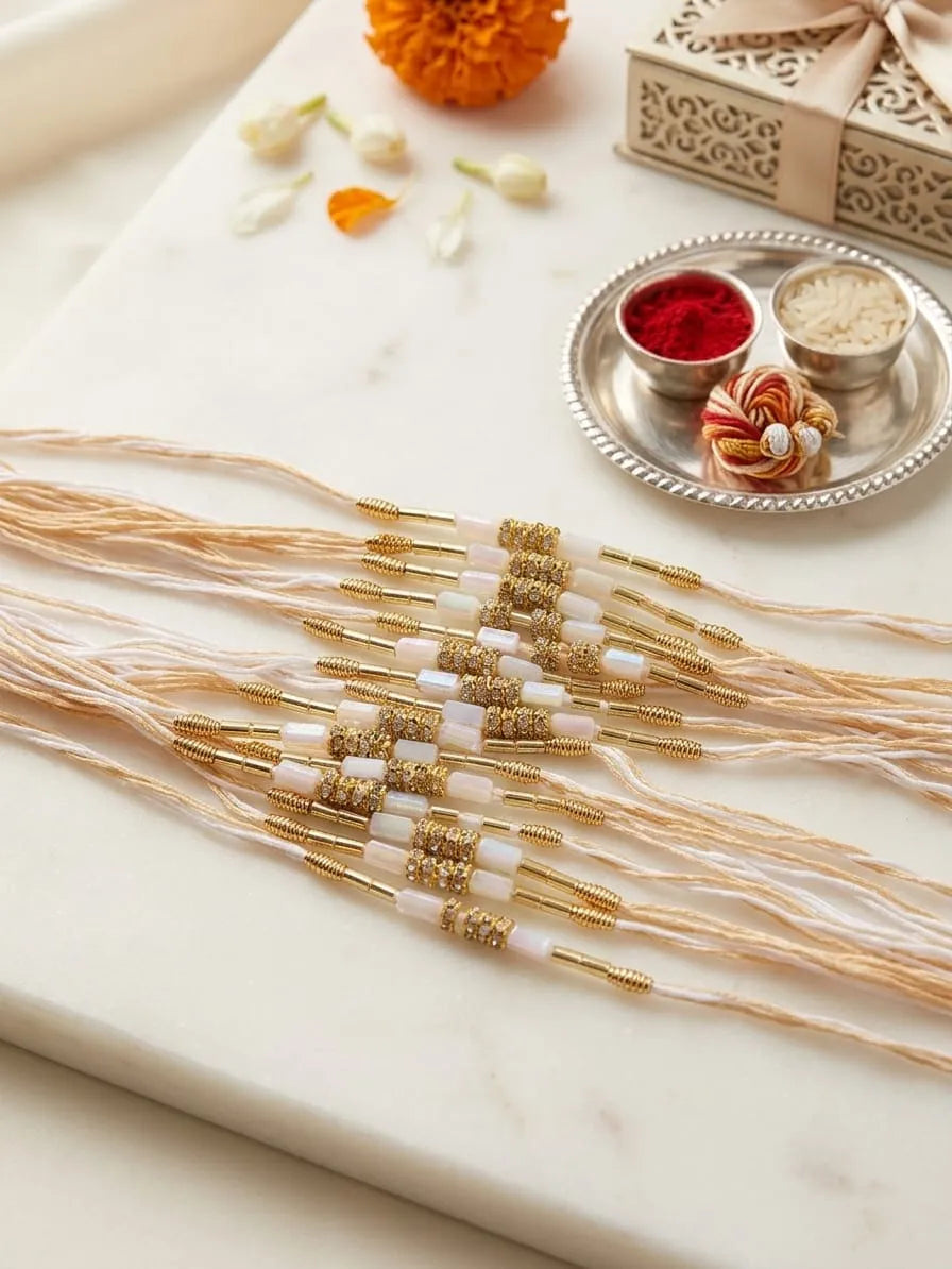 A styled flat-lay of multiple traditional Rakhi thread bundles with gold and white beads, arranged on a white marble surface alongside festive props including a silver tray with red and beige powder, marigold flowers, and a decorative box.