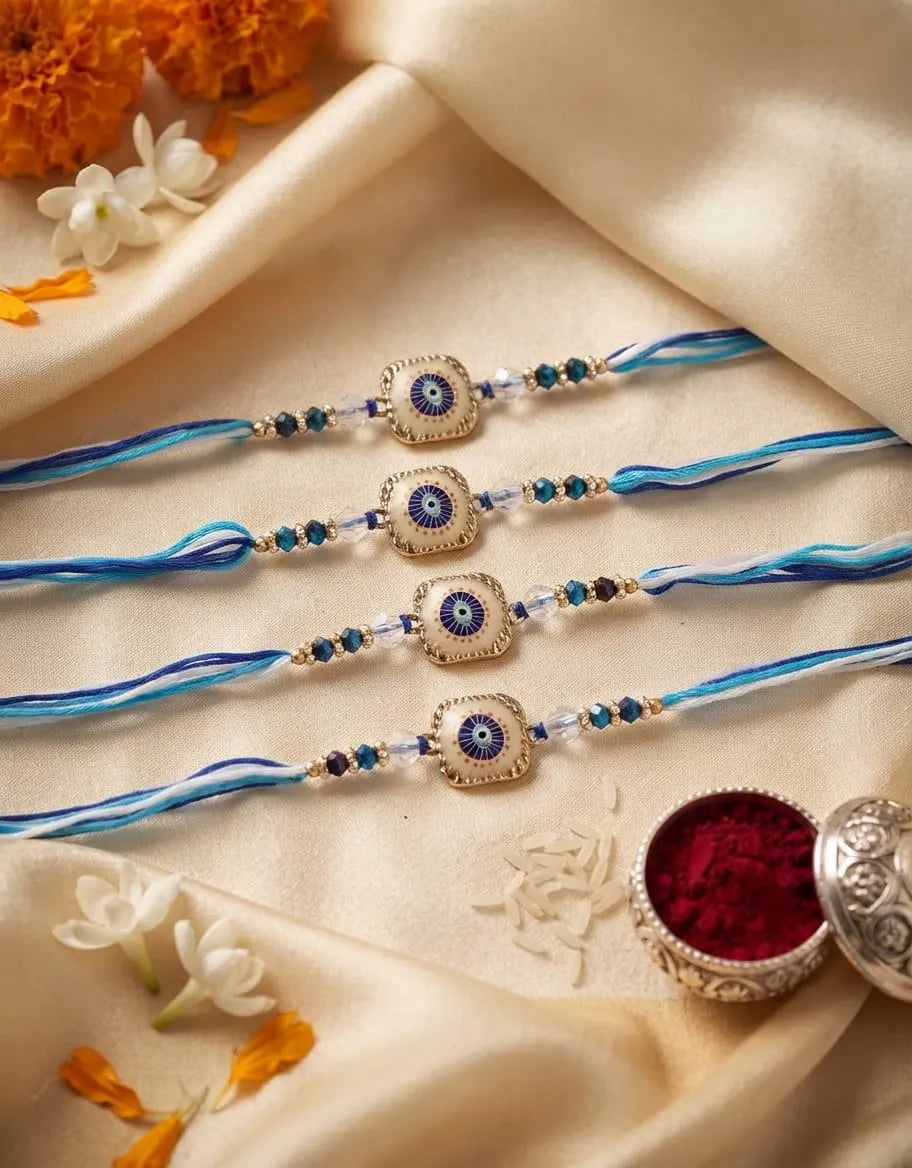 Four blue and white braided Rakhi strings with central silver-toned evil eye charms, arranged on draped cream satin fabric with decorative flowers and a red powder bowl.