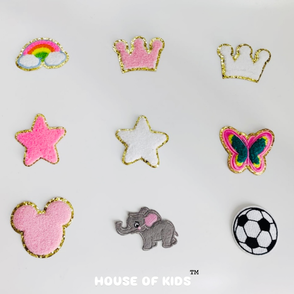 DIY HOK Cartoon Gold Chenille Embroidery Patch Varsity Iron on Sew on Decorative Repair Applique Patches with Gold Border for Clothing Bags DIY Art & Craft