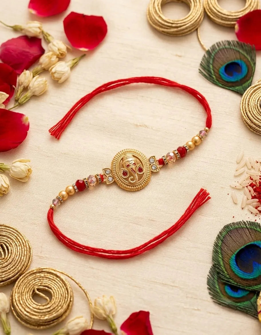 A traditional Indian Rakhi bracelet with a gold-toned Om symbol centerpiece, red thread, and red and gold beads, displayed on a light wooden surface with festive decorative props including peacock feathers, rice, and rose petals.
