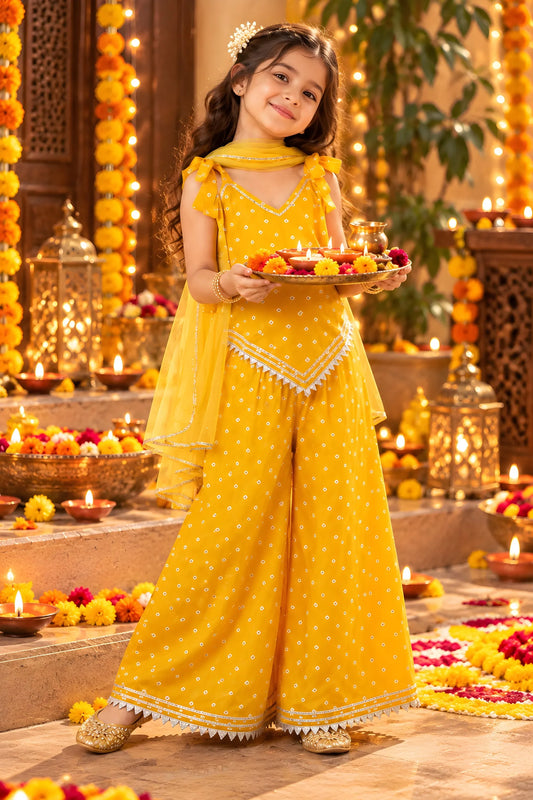 Girls Cotton Bandhani Ethnic Set | 3-Piece Indo Western Outfit