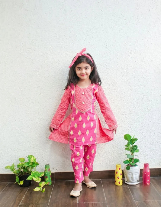 Girls Cotton Kurti Pant Set with Matching Hairband