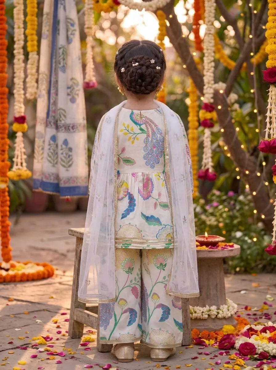 Girls Floral Printed Kurti Palazzo Set with Dupatta