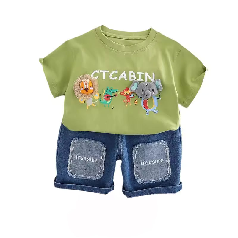 HOK Kids Cartoon Animal T-shirt & Denim Shorts Set