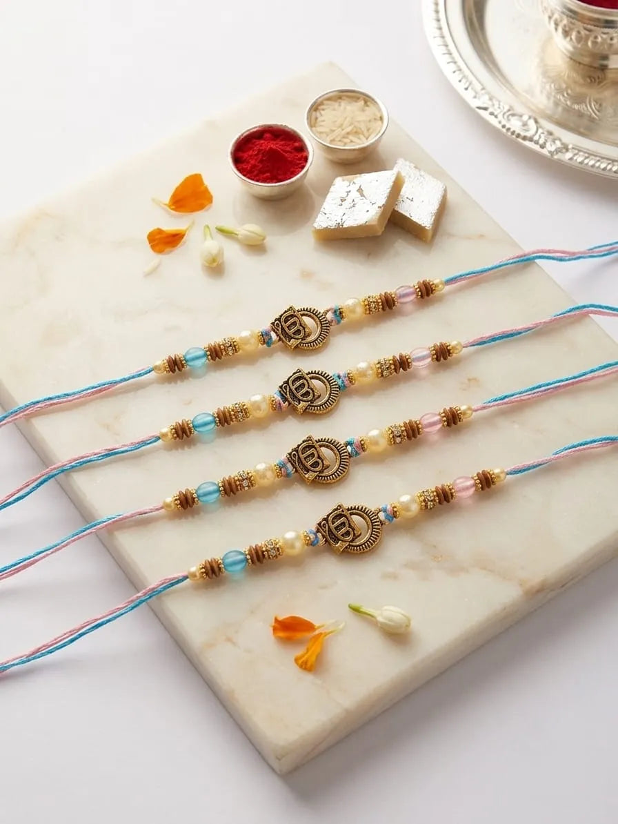 Four traditional Indian Rakhi beaded wristlets arranged on a white marble slab with sweets, flower petals, and ceremonial powder nearby.