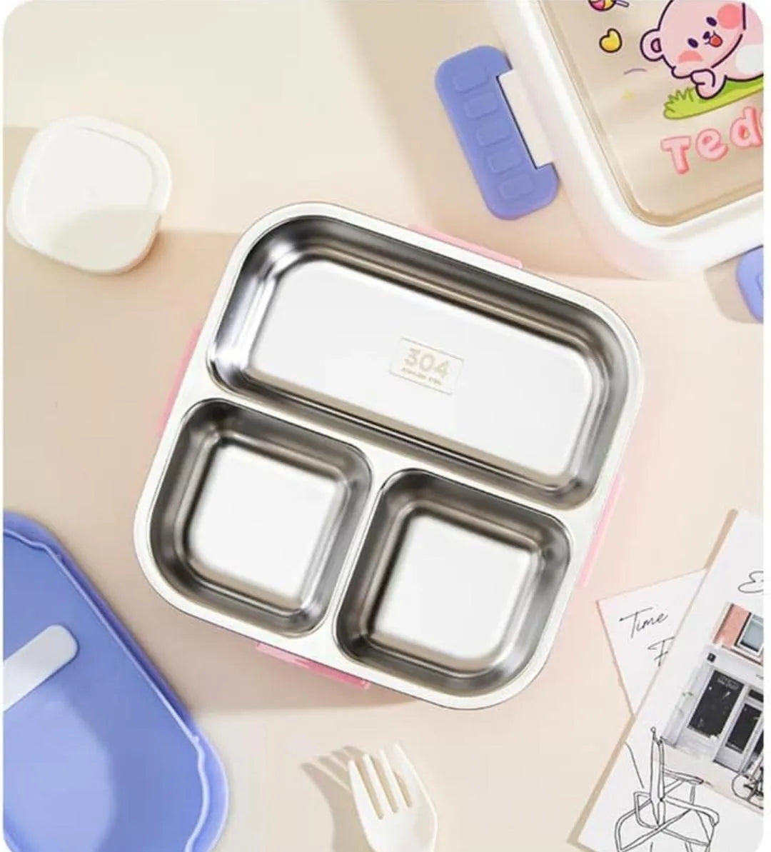 Kids Cartoon Stainless Steel Bento Lunch Box 1000ml- Purple