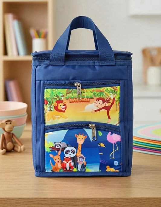 Blue insulated lunch bag with cartoon animal design on a wooden surface