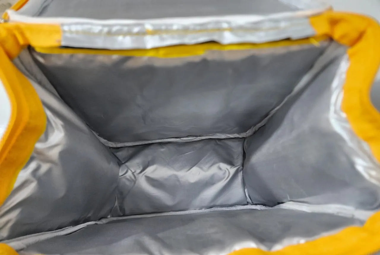 Close-up of a gray insulated bag with yellow edges