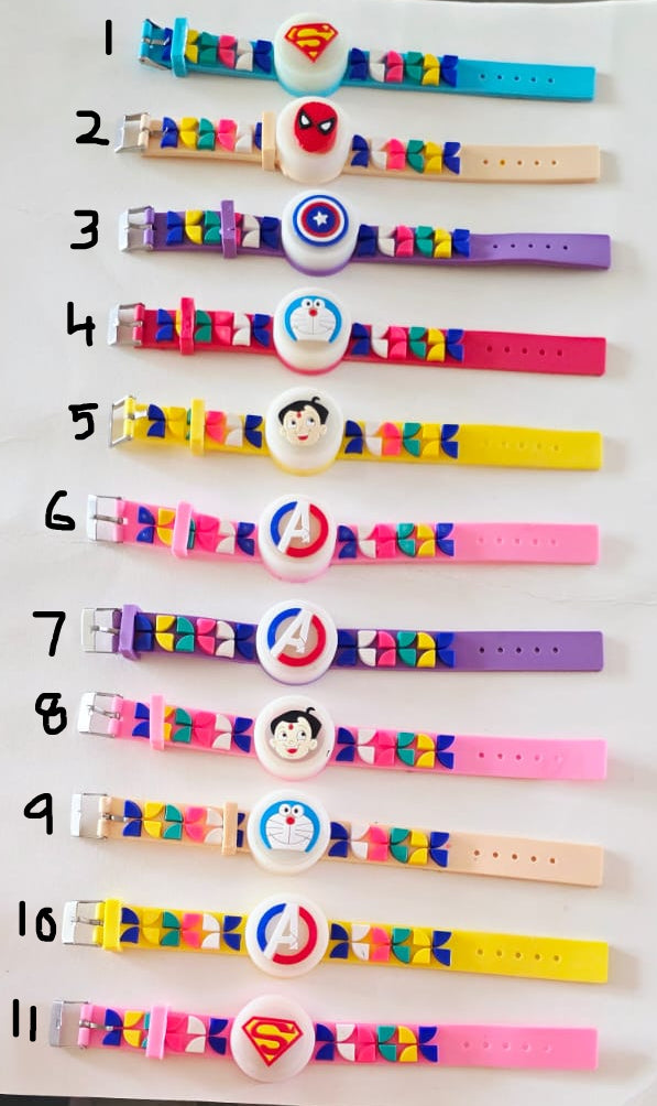 Eleven colorful silicone watch straps with cartoon character charms, numbered 1 to 11 on a white background.