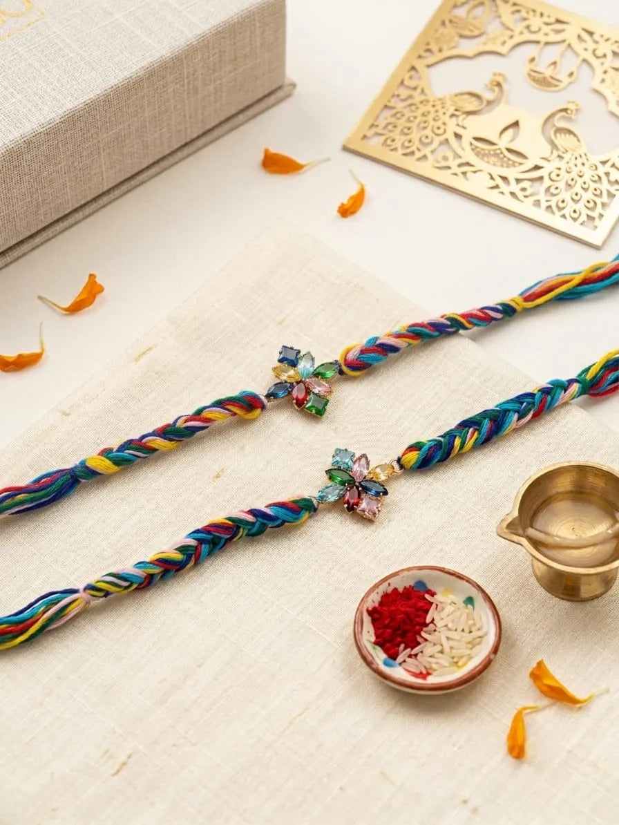 Two colorful braided Rakhi strings with crystal flower charms, displayed on a cream fabric surface with traditional festive props including a brass oil lamp, red and rice powder, and a gold decorative card.