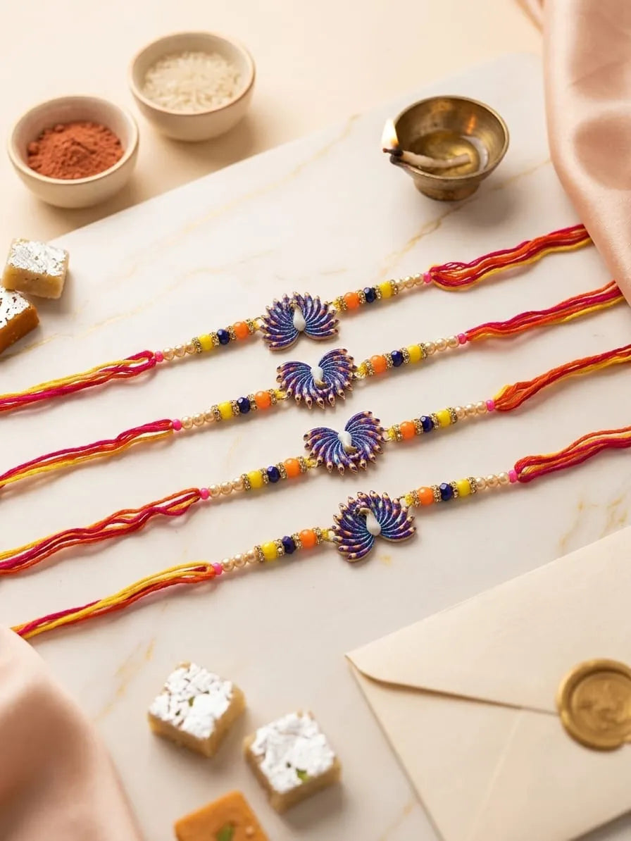 Four traditional Indian Rakhi bracelets laid out on a light marble surface, decorated with red, orange, yellow, and blue threads and peacock motifs, surrounded by sweets, an envelope, and small bowls of spices.