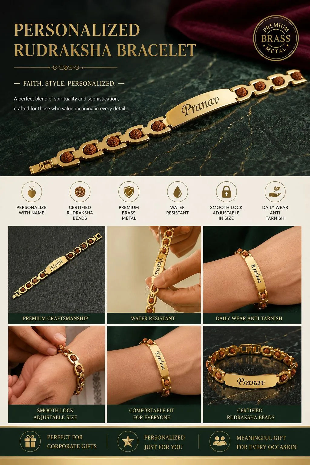 Personalized Rudraksha bracelet in gold with red beads, shown in a promotional infographic with product details, feature icons, and six lifestyle photos of the bracelet worn on hands. The name 'Pranav' is engraved on the bracelet.