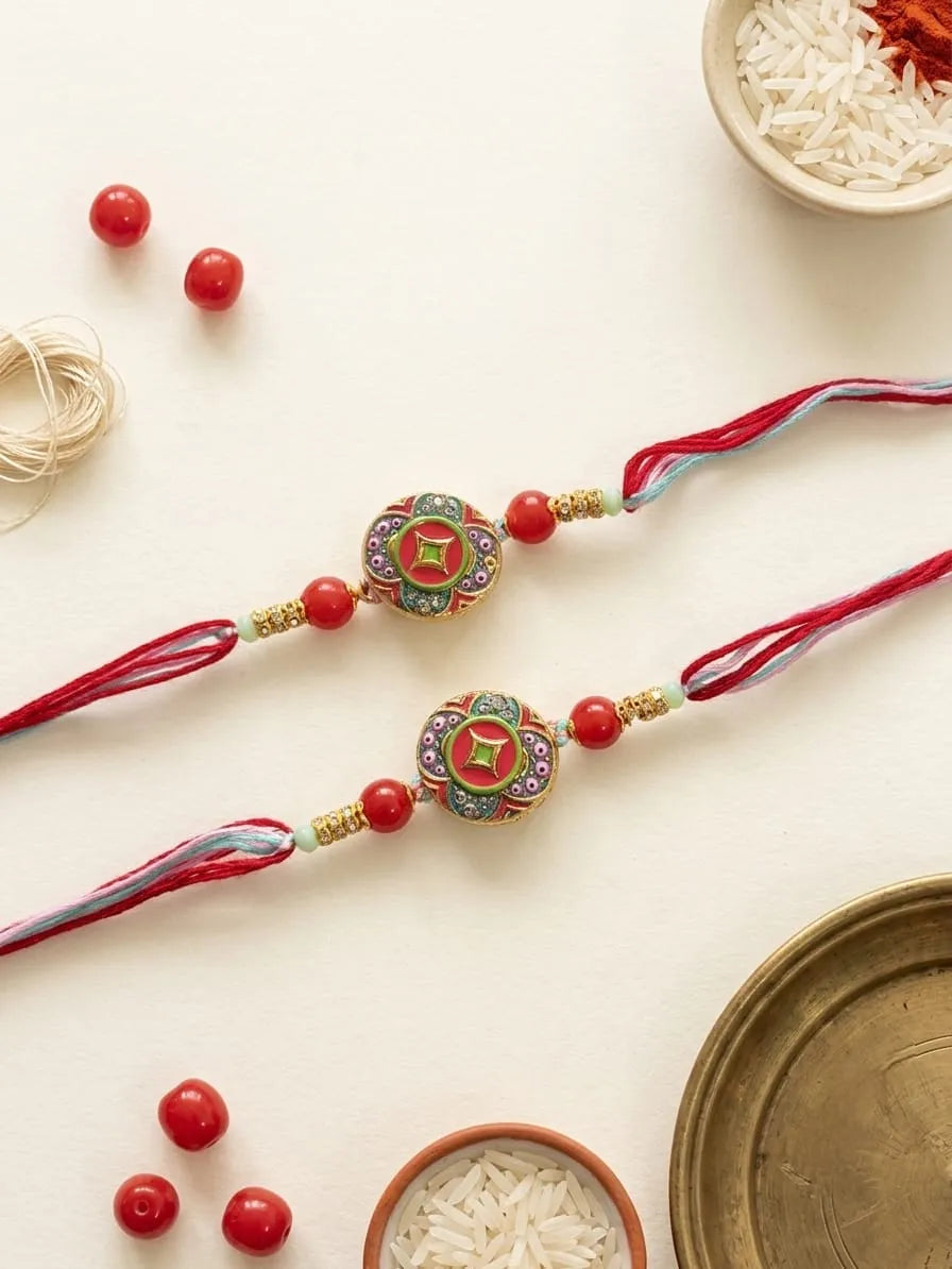 Two traditional Indian Rakhi wristlets laid flat on a light cream background, surrounded by festive props including red beads, a bowl of white rice, and a brass plate.