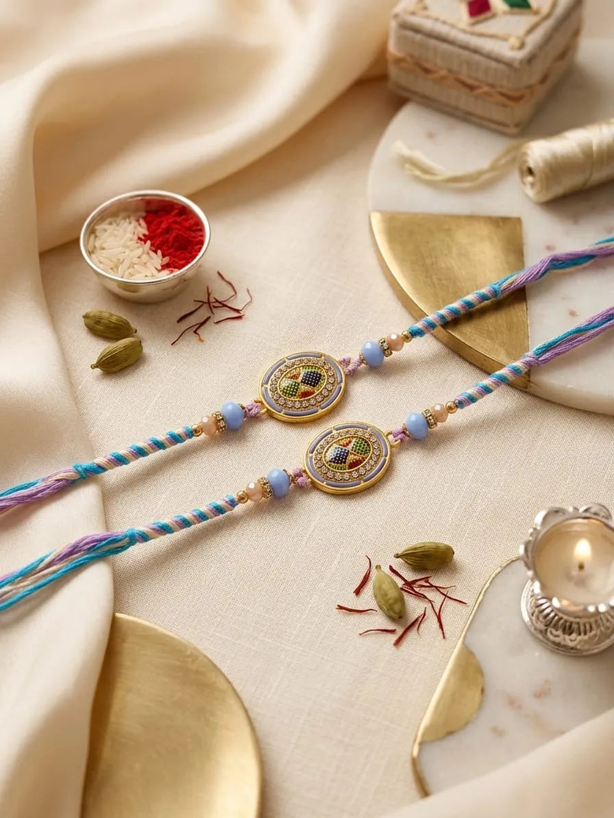 Two braided Rakhi strands with round gold-toned evil eye charms and light blue beads, arranged on a cream fabric surface with decorative props including a small bowl of rice and red powder, cardamom pods, saffron threads, brass-colored discs, a marble slab, and a lit diya.
