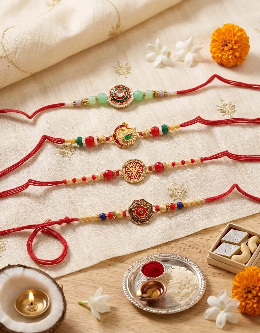 Three decorative bracelets on a textured surface with flowers and a small tray.
