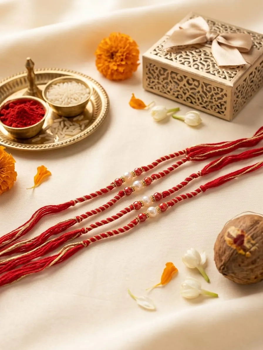 Three red and gold braided Rakhi strands laid out on a cream fabric surface, styled with a brass tray, red and white powder, marigold flowers, a decorative gift box, and a coconut.