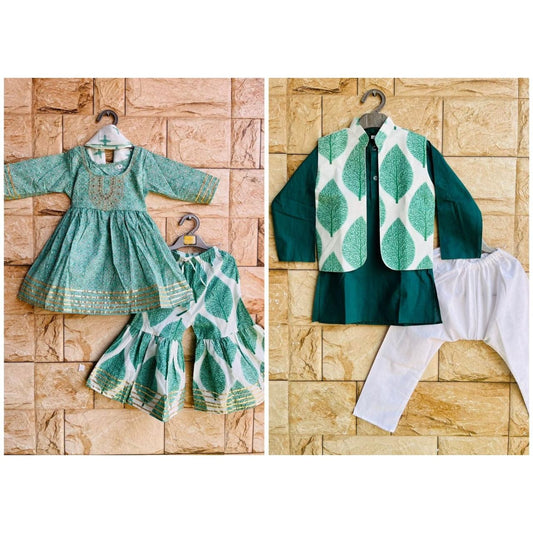 Sibling Set Leaf Print Boys Kurta Pajama with Jacket & Girls Kurti Sharara with Dupatta