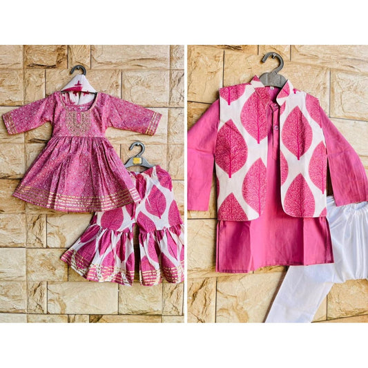 Sibling Set Leaf Print Boys Kurta Pajama with Jacket & Girls Kurti Sharara with Dupatta