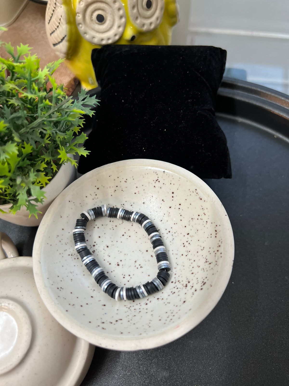 Black Silver Fimo Beads Bracelet - Stretchable (Perfect for Dailywear)