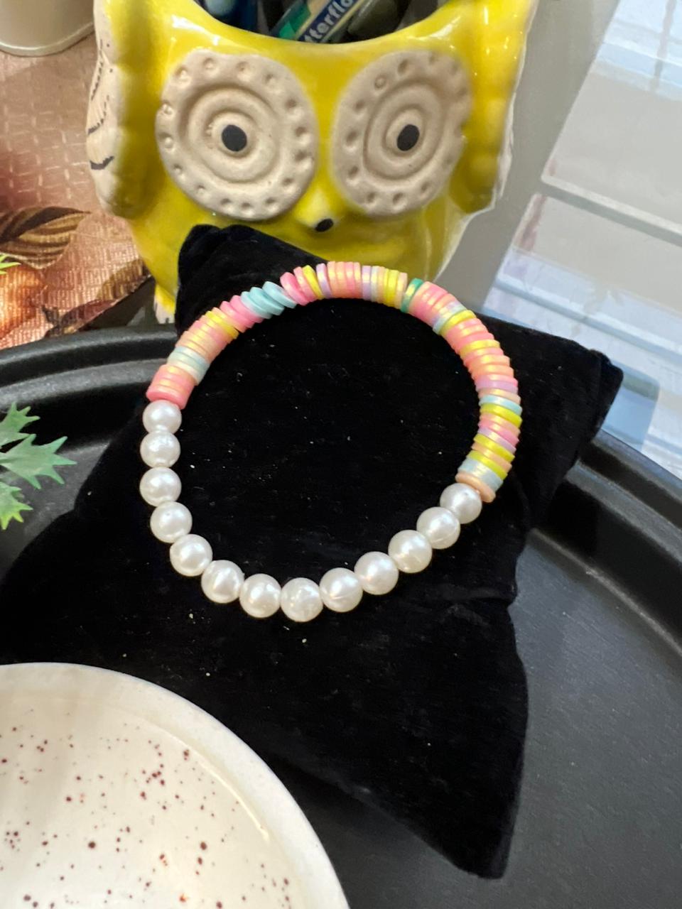 Half Fimo and Half Pearl Beads Bracelet - Stretchable (Perfect for Dailywear)