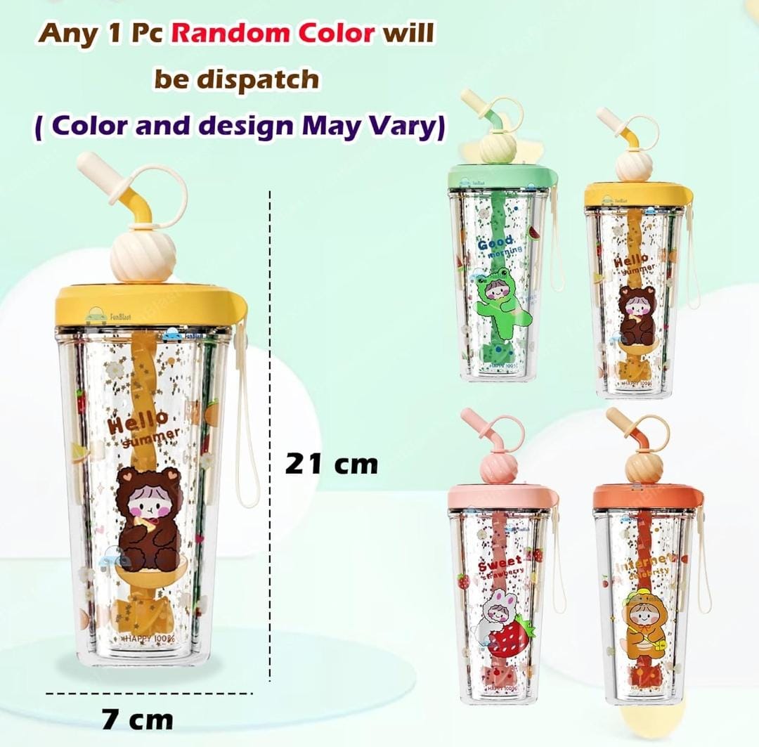 HOK Cute Cartoon Theme Glitter Tumbler with Straw