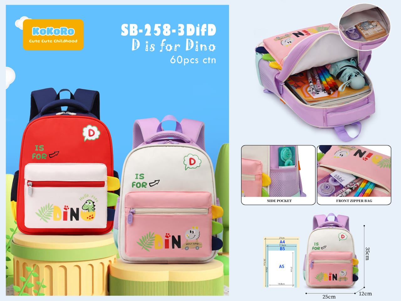 HOK Cute 3D Dino Design Backpack for Kids