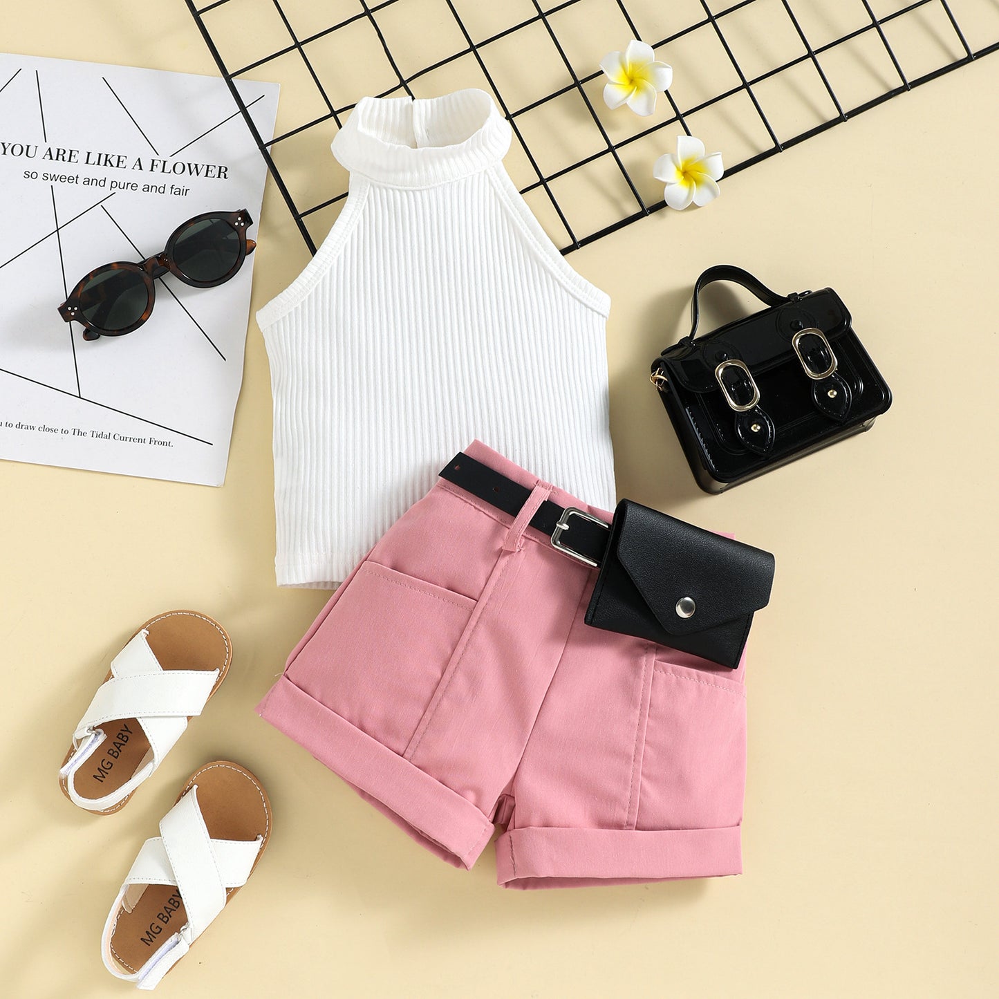 HOK Ribbed Top & Pink Shorts Set with Belt Purse