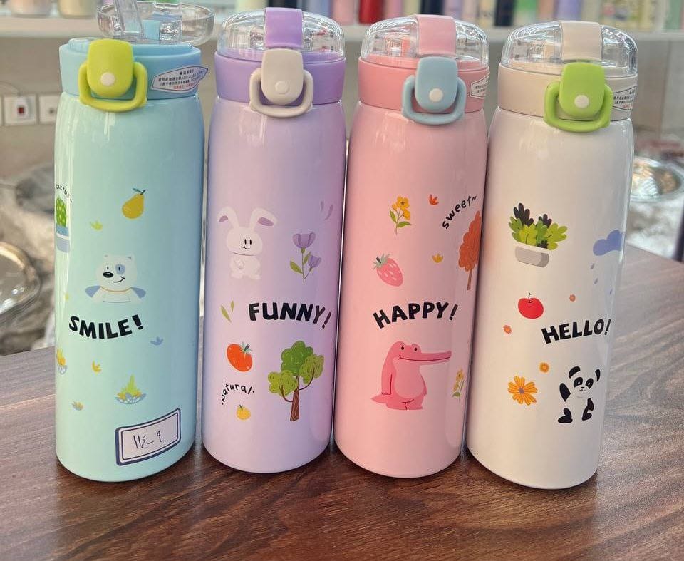 HOK Cute Printed Stainless Steel Bottle with Straw Lid- Vacuum Insulated 500ml