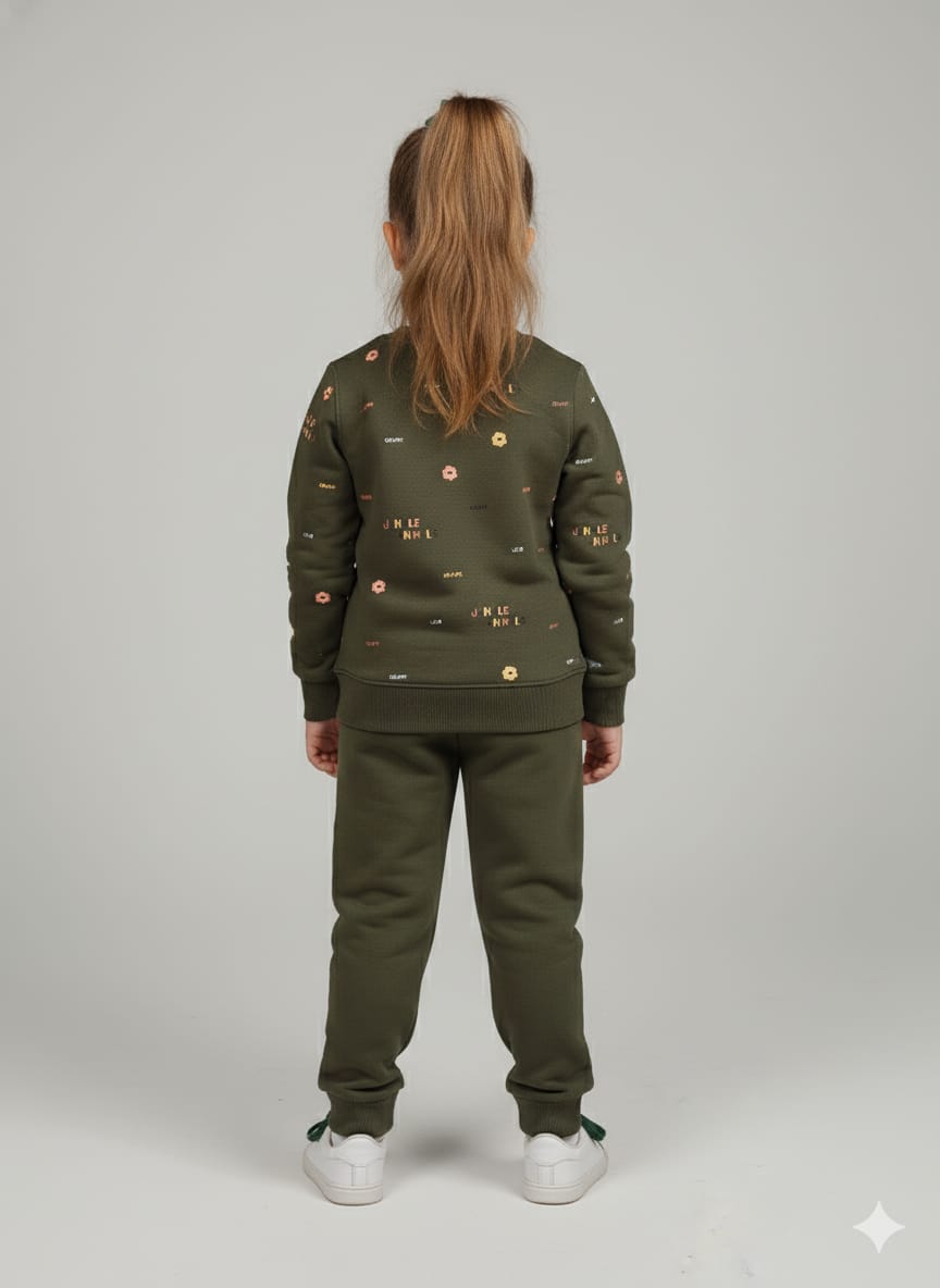 HOK Cute Jungle-Themed Green Sweatshirt & Pant Set for Kids
