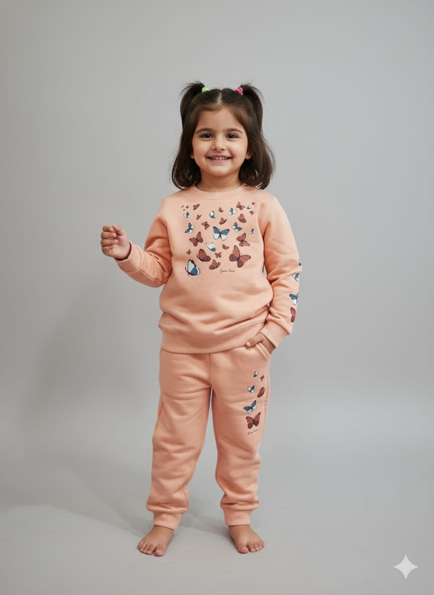 HOK Cute Butterfly Themed Peach Sweatshirt & Pant Set for Kids