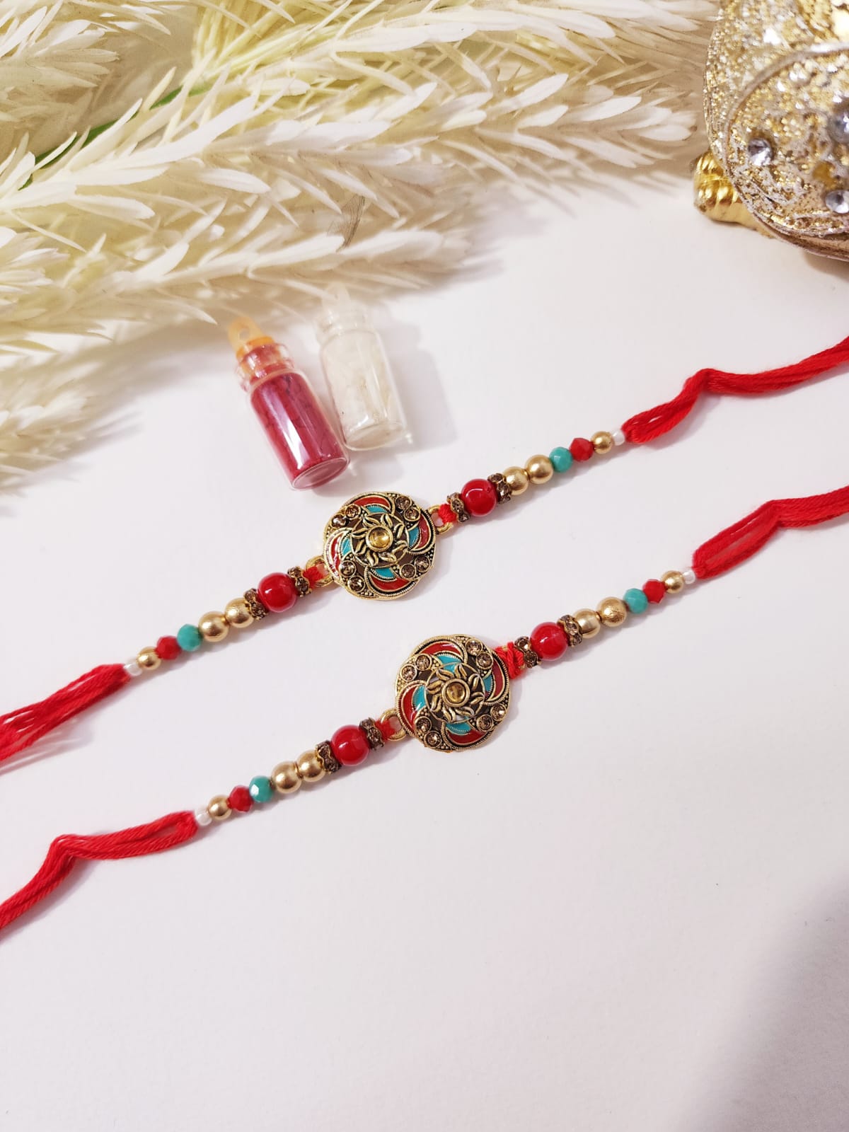 HOK Flower Design Golden Traditional Rakhi