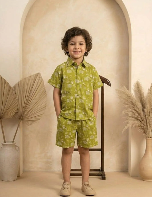 Boys olive green printed shirt and shorts set front view