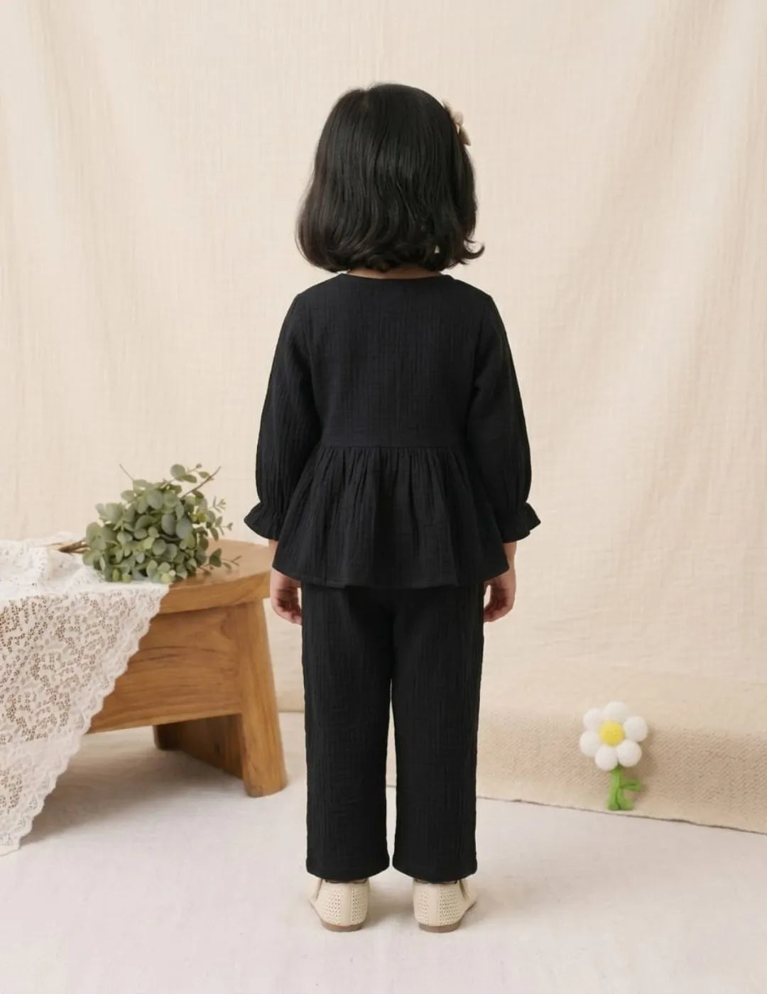back view of girls black cotton co-ord set top and pants outfit