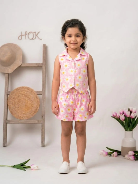 Girls cotton co-ord set front view sleeveless top and shorts set