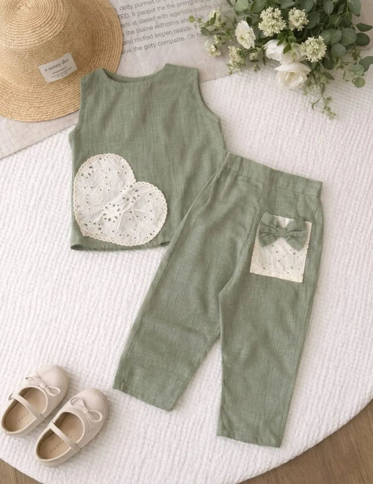 reen girls cotton co-ord set flat lay sleeveless top and pants with bow detail