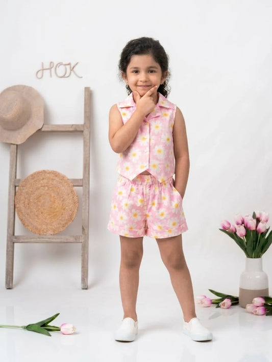 Cute girls printed co-ord set front style casual summer wear