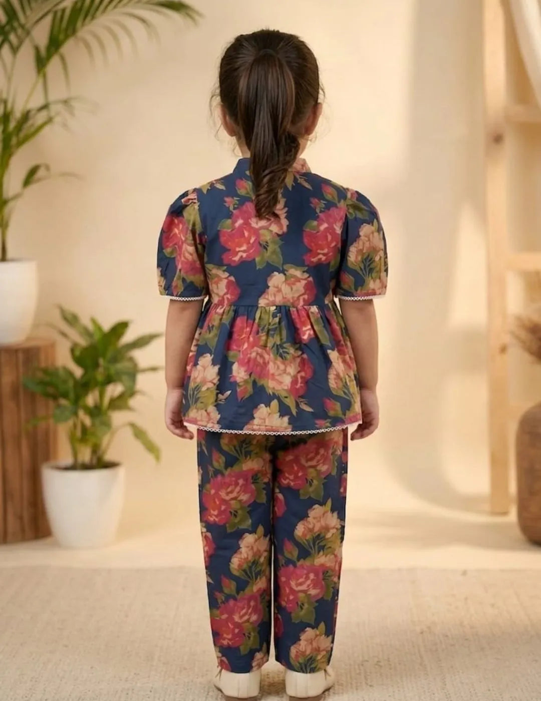 back view of girls floral cotton co-ord set top and pants outfit