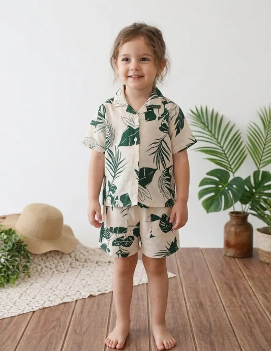 kids leaf print shirt and shorts co-ord set front view stylish summer outfit